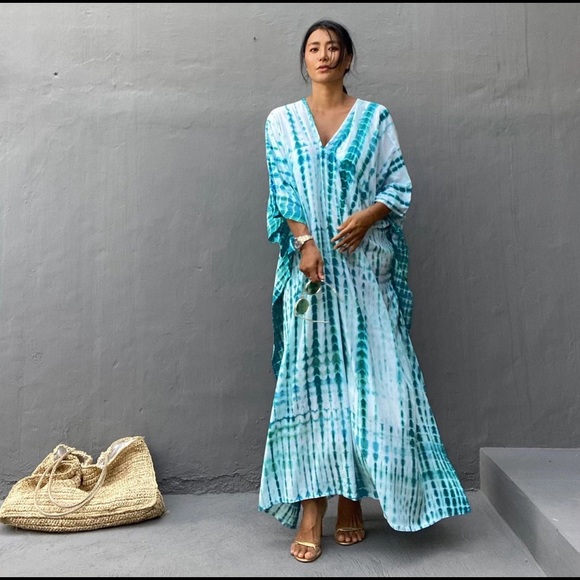 Boho summer lounge beach tunic coverup one size kaftan dress - Picture 3 of 5